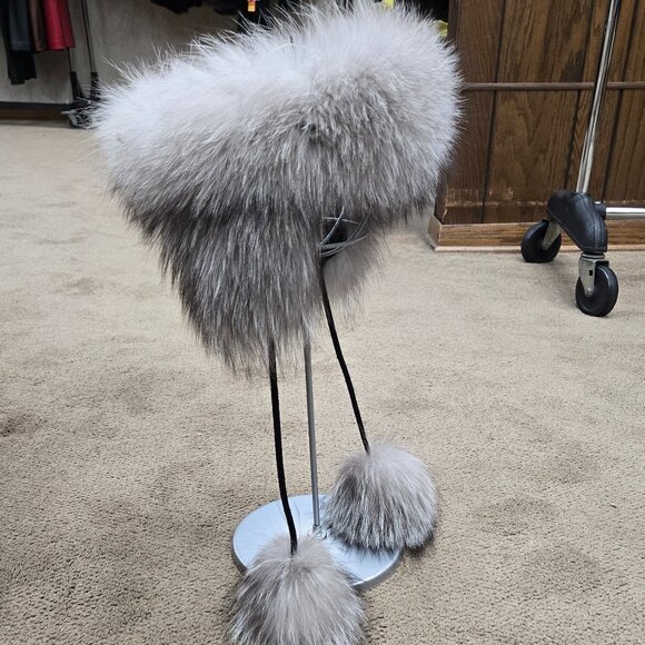 Indigo Fox Fur Headband with Ear Flaps and Tassels - Picture 2 of 4